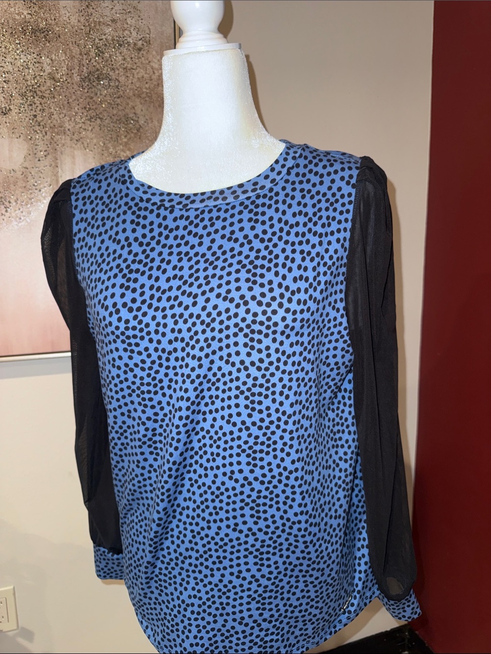 Nine West Blue Polka Dot Blouse with Black Sheer Sleeves